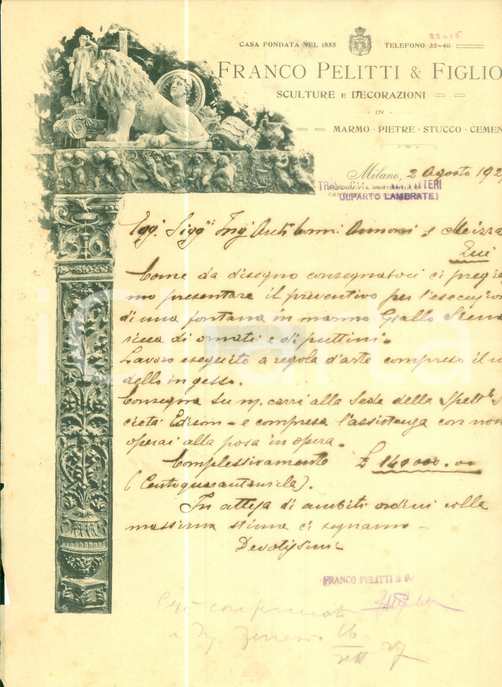 Documento originale, autentico 1927 MILANO Ditta Franco PELITTI & Figlio Lavori in marmi e graniti Lettera 1
