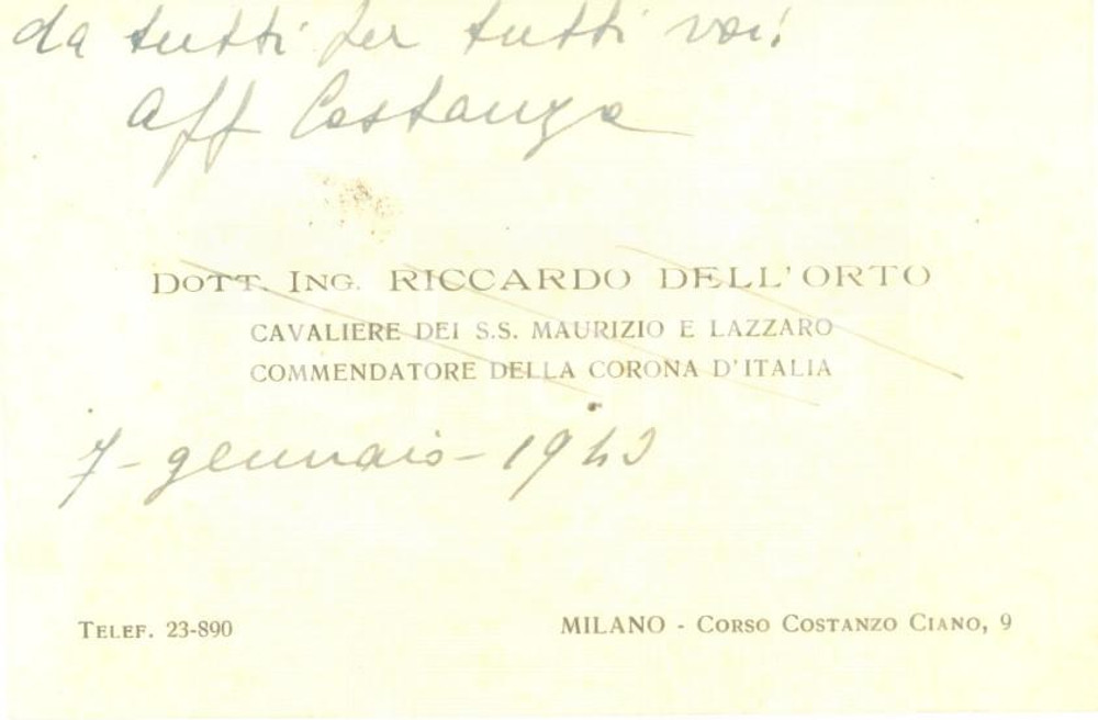 Autografo originale 1943 MILANO Riccardo DELL ORTO Cavaliere SS Maurizio Lazzaro Biglietto AUTOGRAFO 1