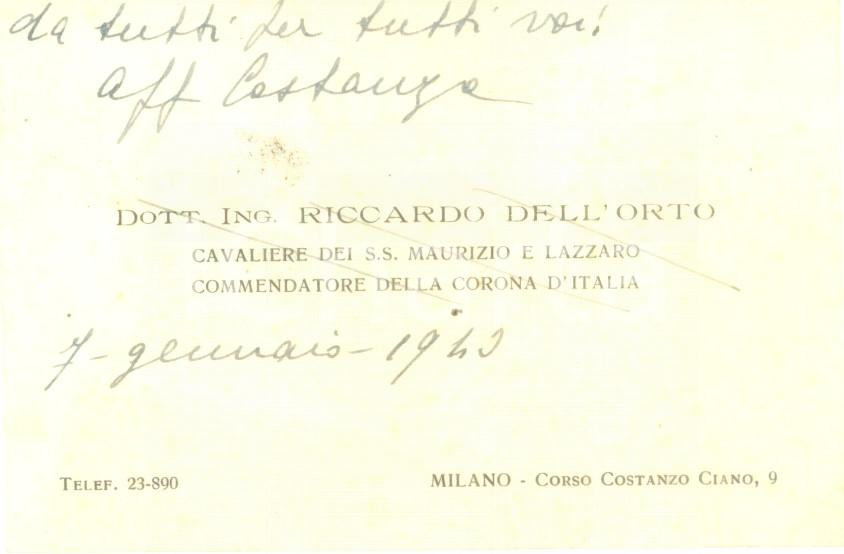 Autografo originale 1943 MILANO Riccardo DELL ORTO Cavaliere SS Maurizio Lazzaro Biglietto AUTOGRAFO 1