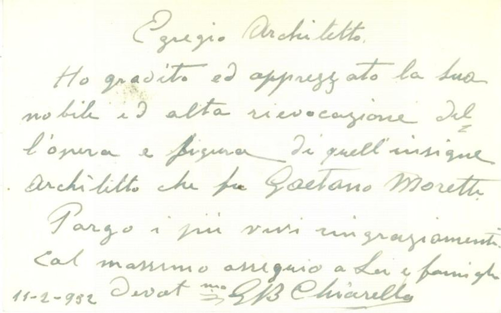 Autografo originale 1952 MILANO Giovanni Battista CHIARELLA Biglietto con messaggio AUTOGRAFO 1