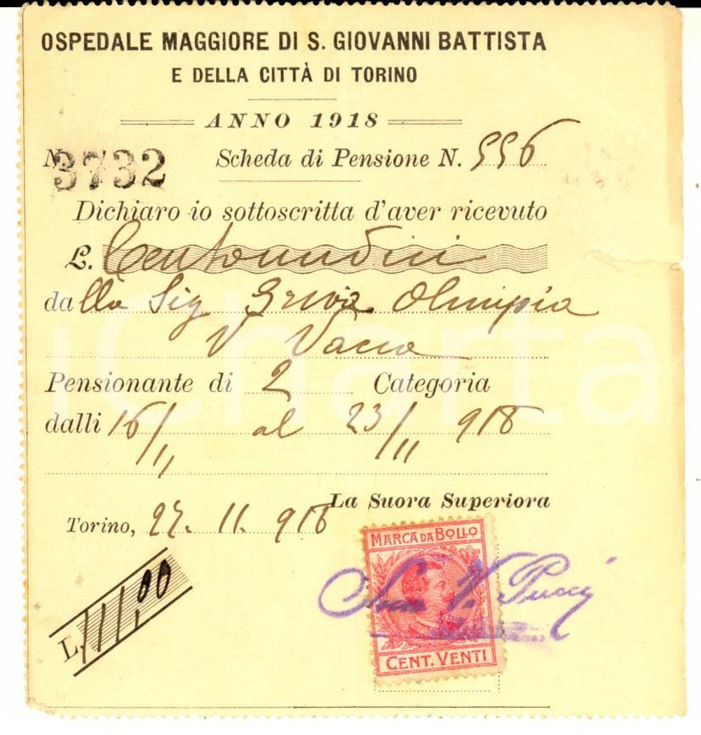 Documento originale, autentico 1918 TORINO Ospedale Maggiore S. GIOVANNI BATTISTA Ricevuta pensionante 1