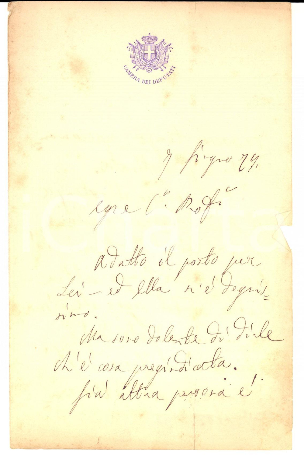 Autografo originale 1879 ROMA Paolo BOSELLI su un posto giÃ  promesso ad altro raccomandato AUTOGRAFO 1