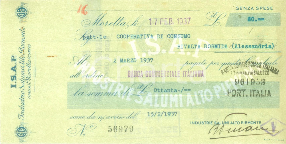 Documento originale, autentico 1937 MORETTA CN Industrie Salumi Alto Piemonte I.S.A.P. Cambiale pubblicitaria 1