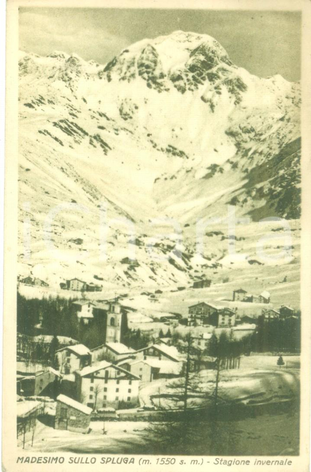 Cartolina originale da collezione 1930 MADESIMO SO Panorama del paese con montagne innevate Cartolina FP VG 1