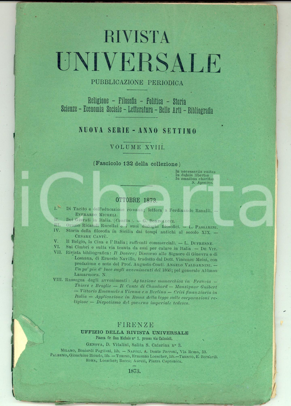 Giornale, rivista storica 1873 RIVISTA UNIVERSALE Orazio RICASOLI RUCELLAI Anno VII n° 132 1