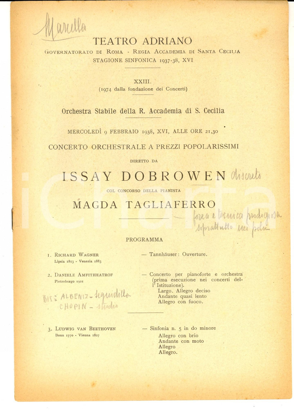 Documento originale, autentico 1938 ROMA Teatro ADRIANO Concerto diretto da Issay DOBROWEN  Magda TAGLIAFERRO 1