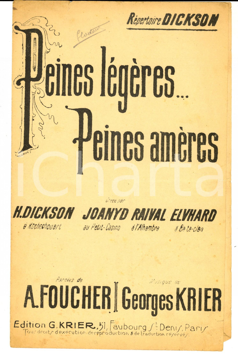 Oggetto da collezione cartaceo 1920 ca Peines légères… peines amères H. Dickson/Joanyd, spartito Krier SPARTITO 1