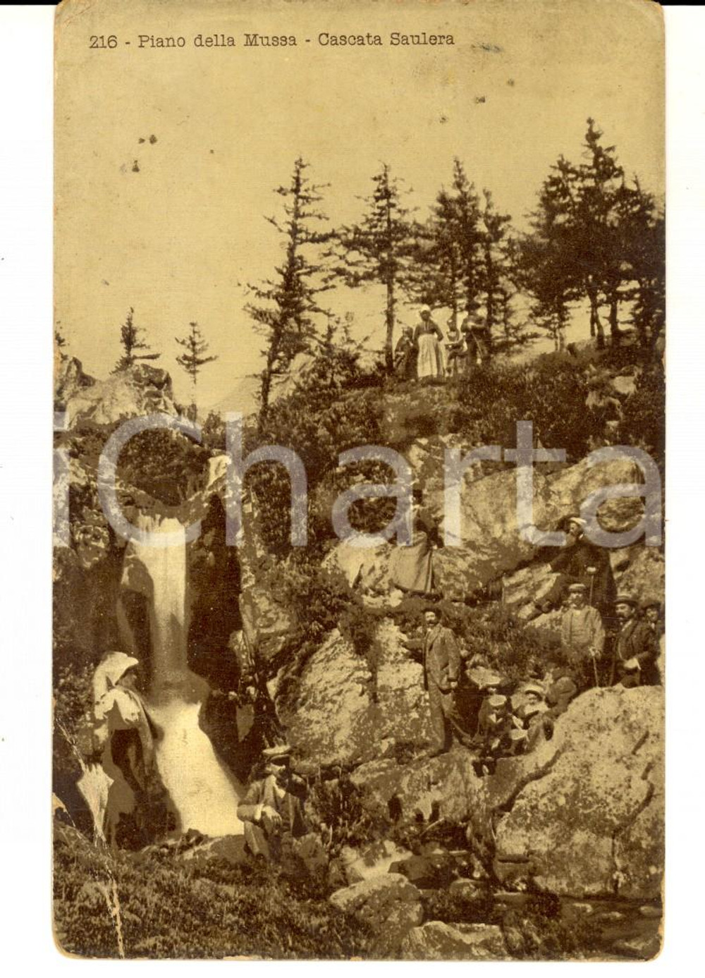 Cartolina originale da collezione 1915 PIANO DELLA MUSSA TO Cascata SAULERA Cartolina ANIMATA escursionisti 1