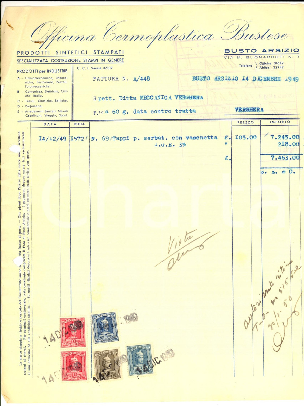 Documento originale, autentico 1949 BUSTO ARSIZIO VA Officina Termoplastica Bustese Fattura con bolli 1