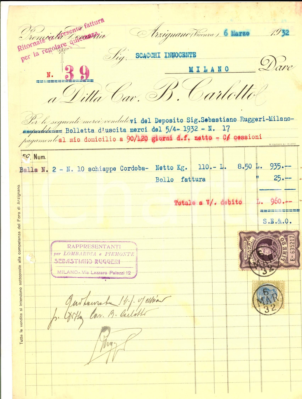 Documento originale, autentico 1932 ARZIGNANO VI Ditta Cav. B. CARLOTTO  Fattura per schiappe CORDOBA 1