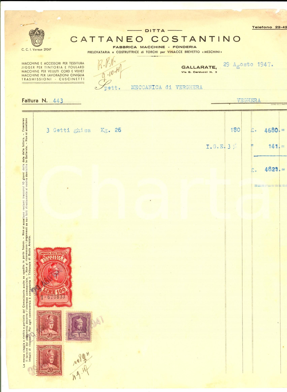 Documento originale, autentico 1947 GALLARATE VA Ditta Costantino CATTANEO Fonderia Fattura intestata 1