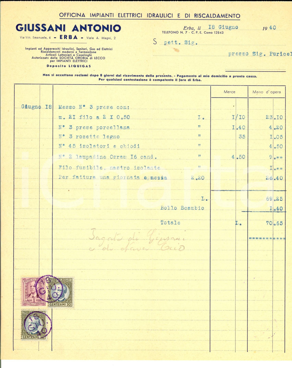 Documento originale, autentico 1940 ERBA CO Officina Antonio GIUSSANI impianti idraulici Fattura intestata 1