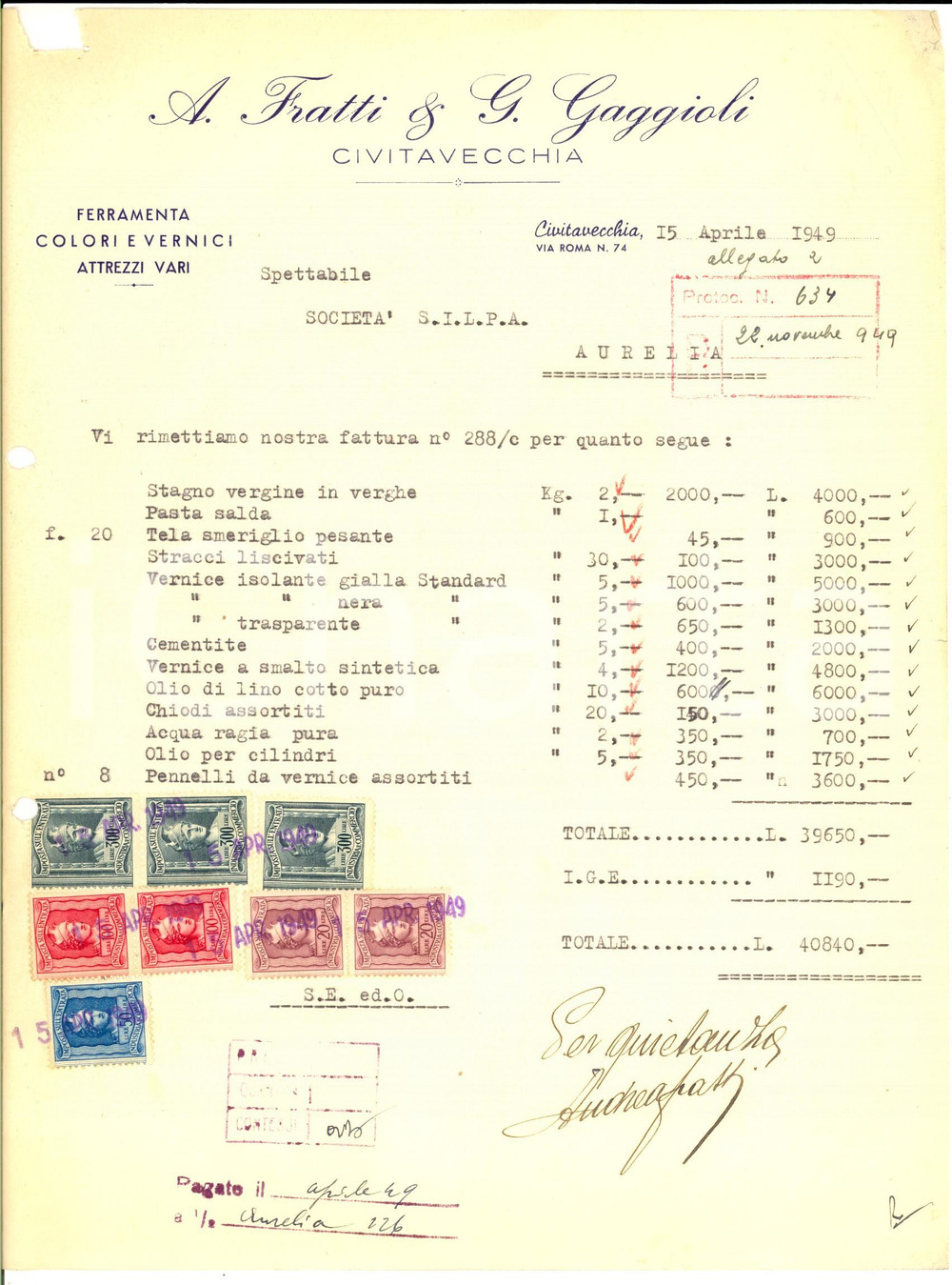 Documento originale, autentico 1949 CIVITAVECCHIA RM Ditta A. FRATTI & G. GAGGIOLI Ferramenta Fattura 1