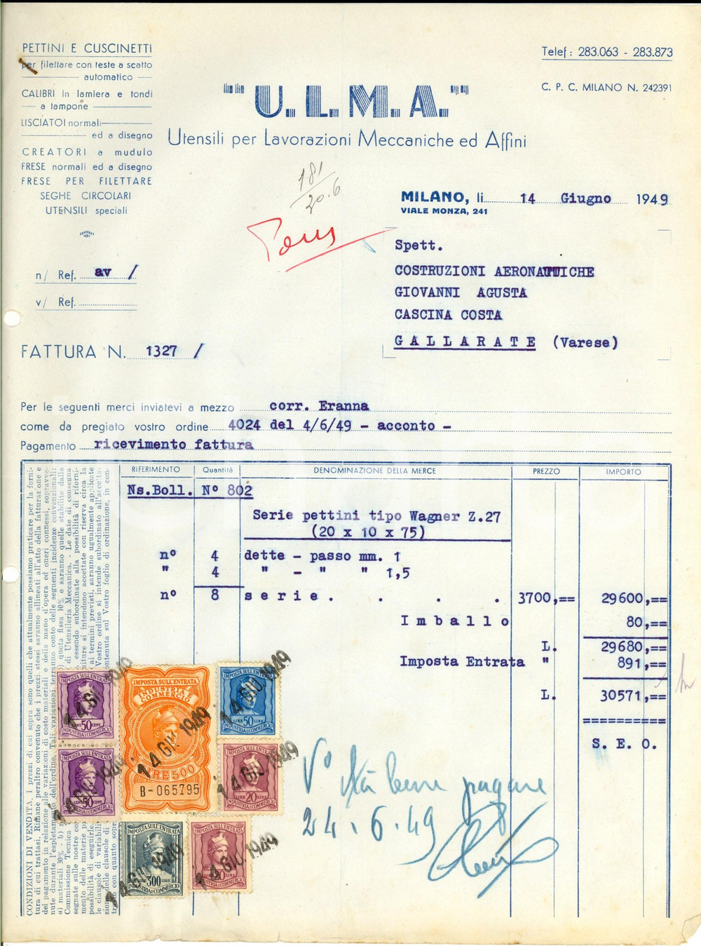 Manoscritto, lettera originale 1949 MILANO Ditta ULMA Utensili per Lavorazioni Meccaniche Fattura intestata 1