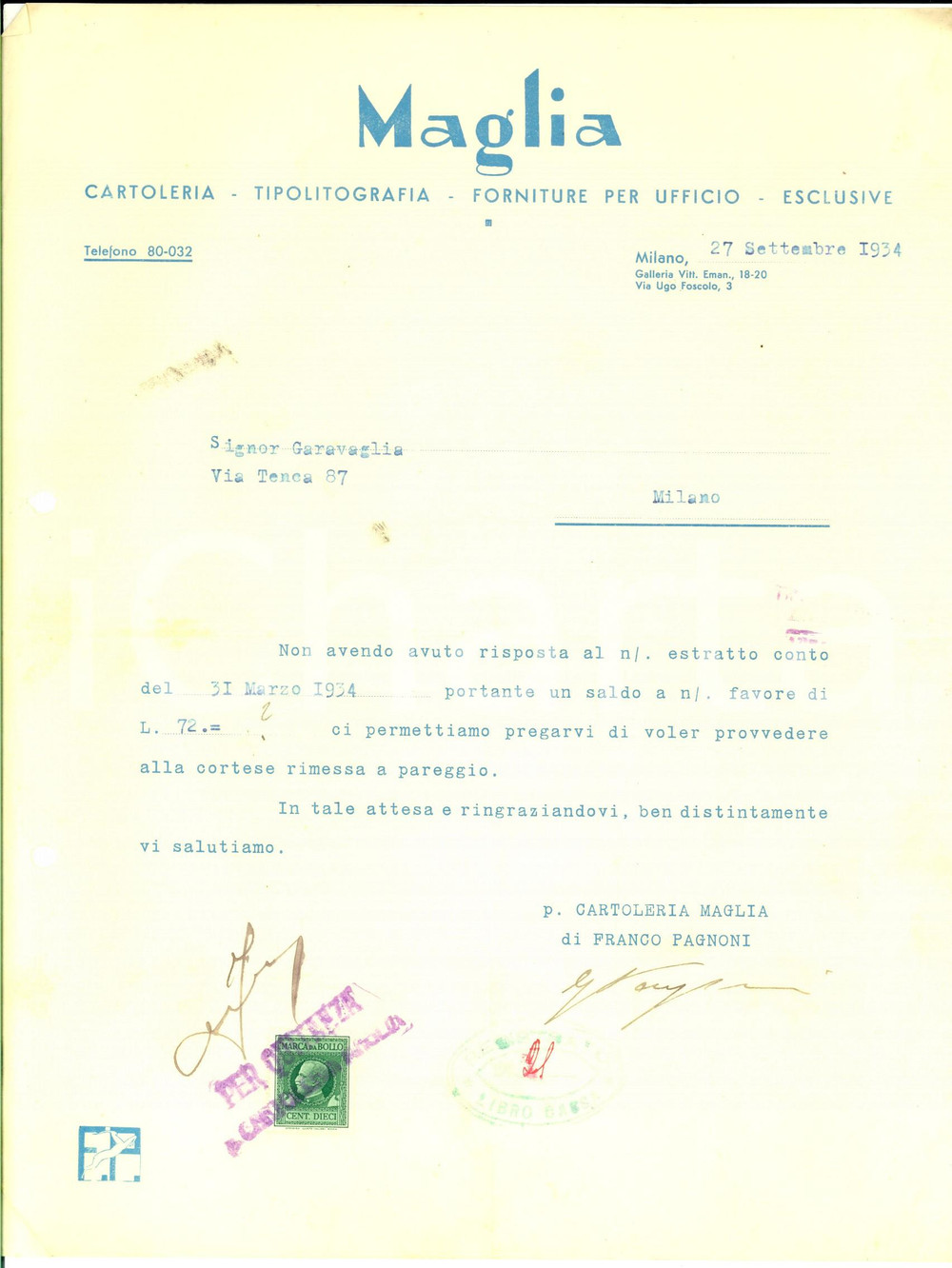Documento originale, autentico 1934 MILANO Ditta MAGLIA Cartoleria e forniture ufficio Lettera commerciale 1