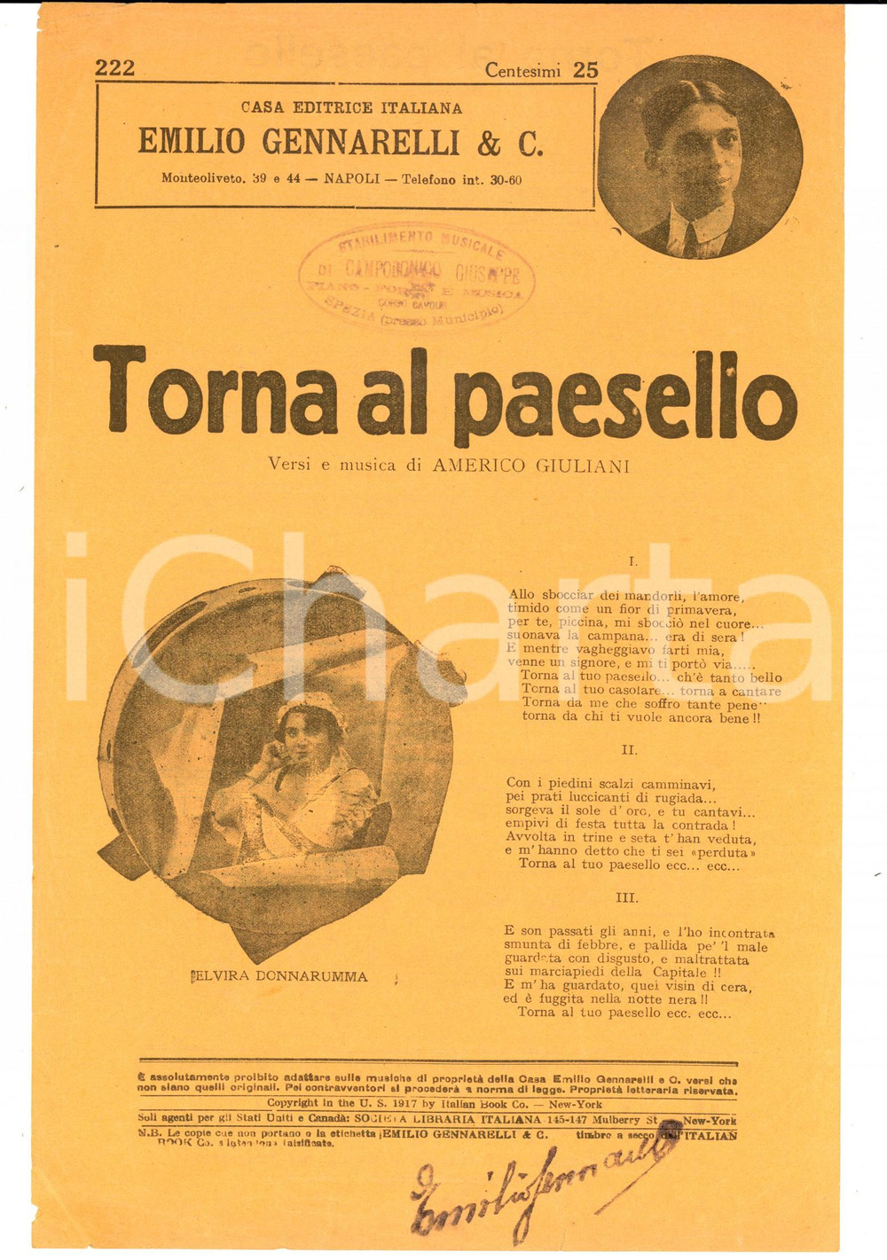 Oggetto da collezione cartaceo 1920 ca Americo GIULIANI Torna al paesello  Elvira DONNARUMMA Volantino 1