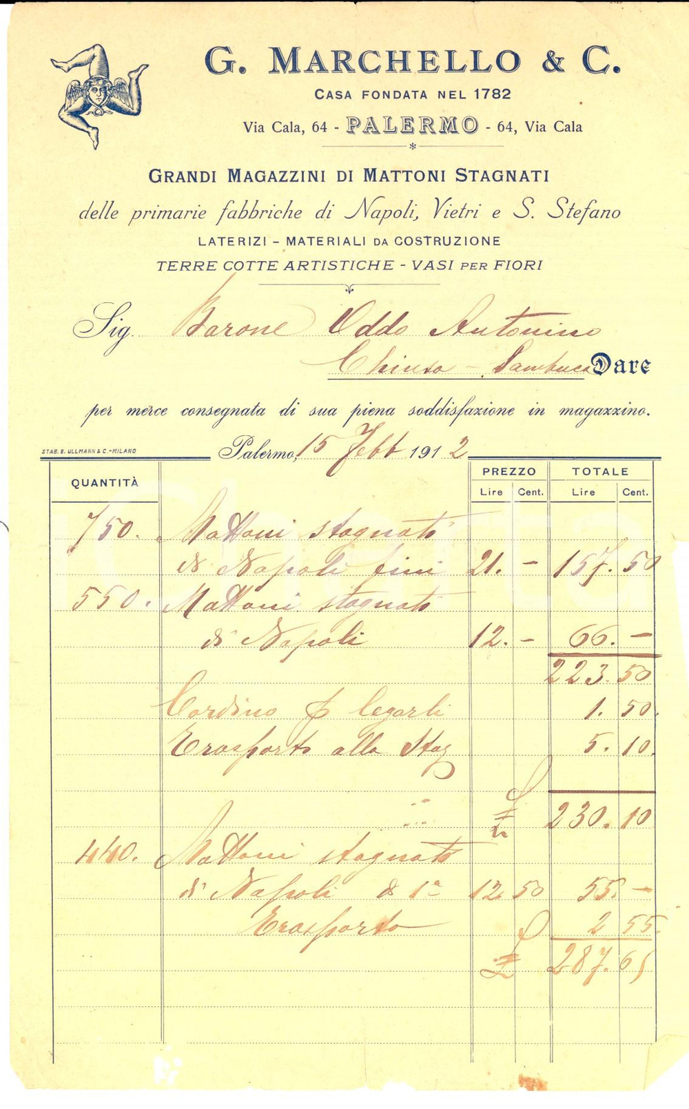 Documento originale, autentico 1912 PALERMO Ditta G. MARCHELLO Grandi Magazzini di mattoni stagnati Fattura 1