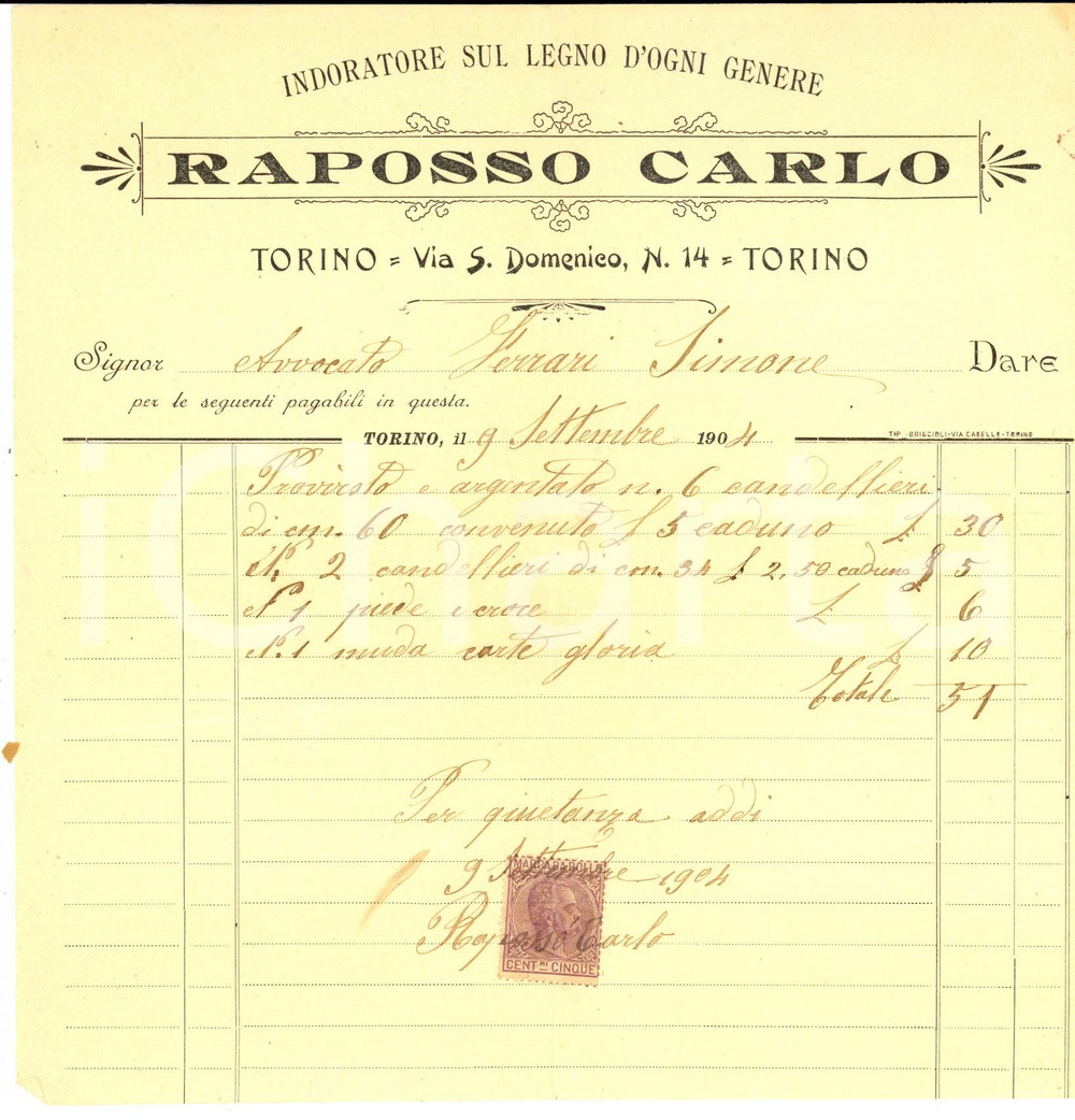 Documento originale, autentico 1904 TORINO Carlo RAPOSSO indoratore sul legno Fattura per candelieri 1