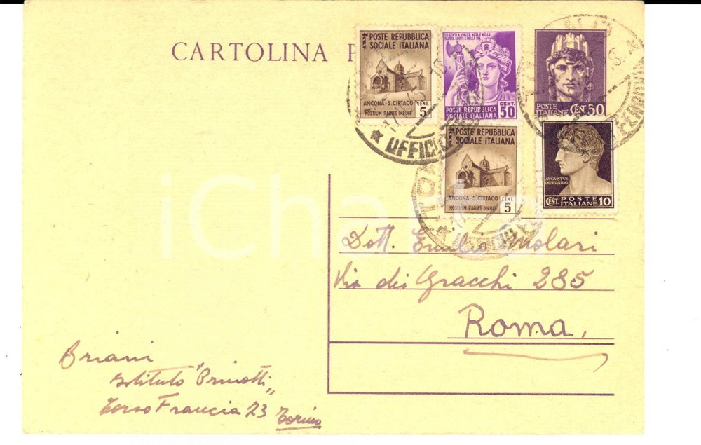 Documento originale, autentico 1945 STORIA POSTALE Cartolina a Emilio MOLARI mista RSI + Democratica RARITA 1