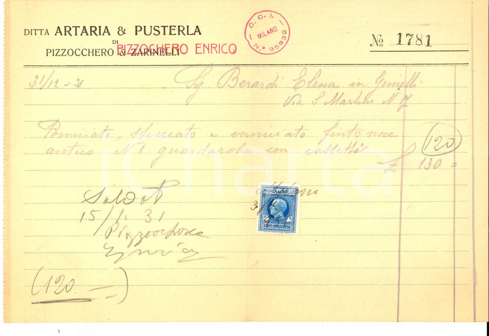 Documento originale, autentico 1931 MILANO Ditta ARTARIA & PUSTERLA di Enrico PIZZOCCHERO Fattura falegnameria 1