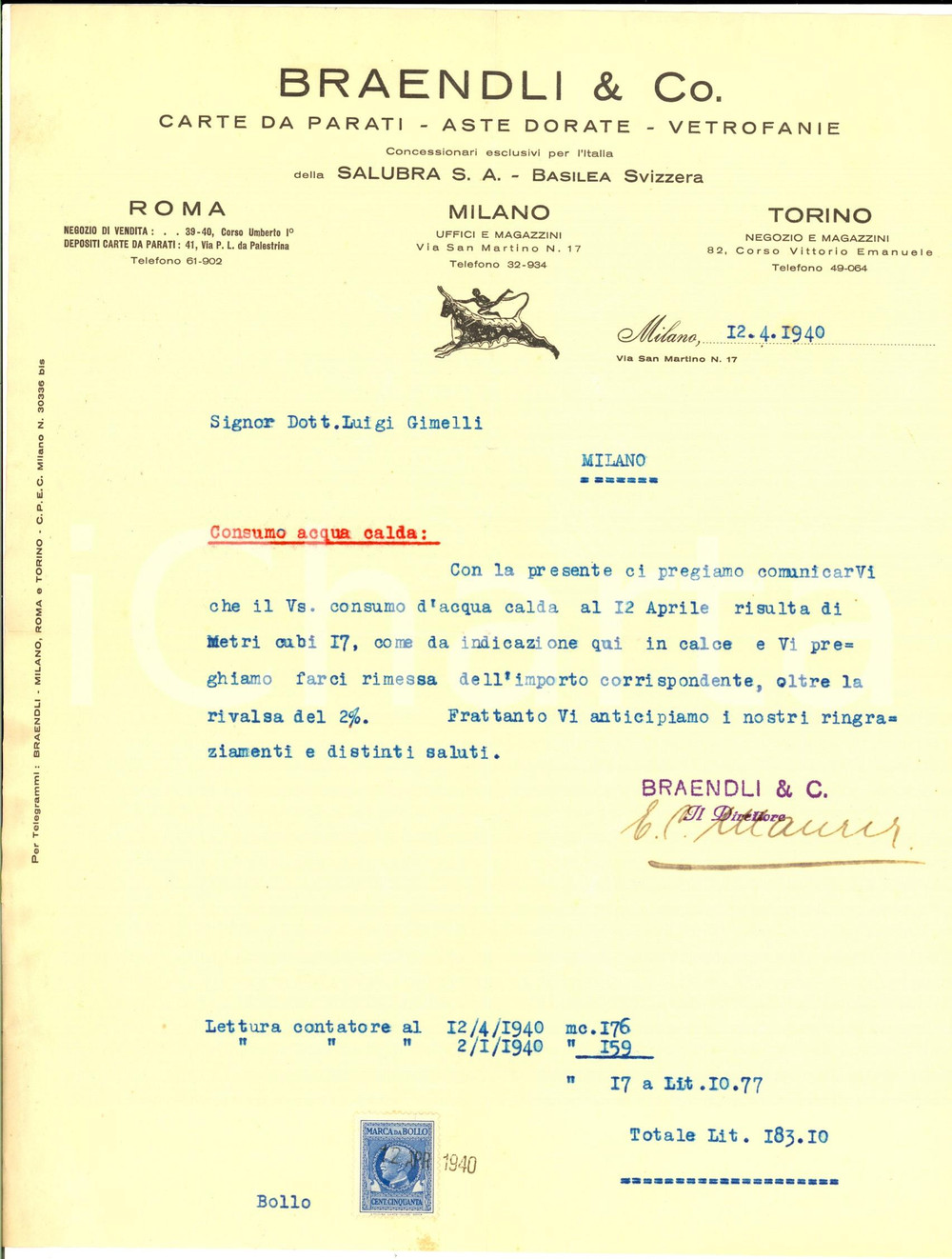 Documento originale, autentico 1940 MILANO Ditta BRAENDLI Carte da parati  Lettera commerciale con bollo 1