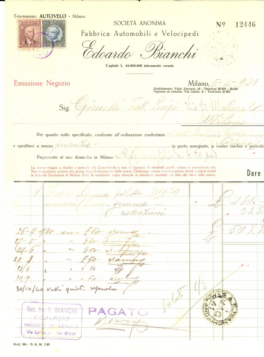 Documento originale, autentico 1940 MILANO SocietÃ  Edoardo BIANCHI Fabbrica automobili e velocipedi Fattura 1