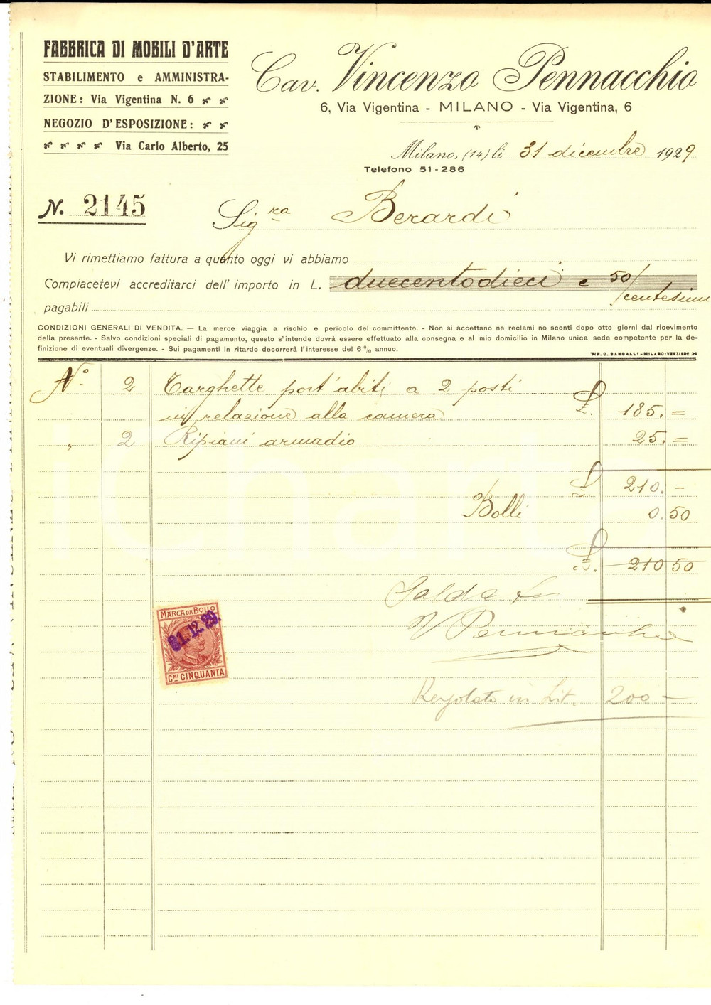 Documento originale, autentico 1929 MILANO Vincenzo PENNACCHIO Fabbrica mobili d arte Fattura intestata 1