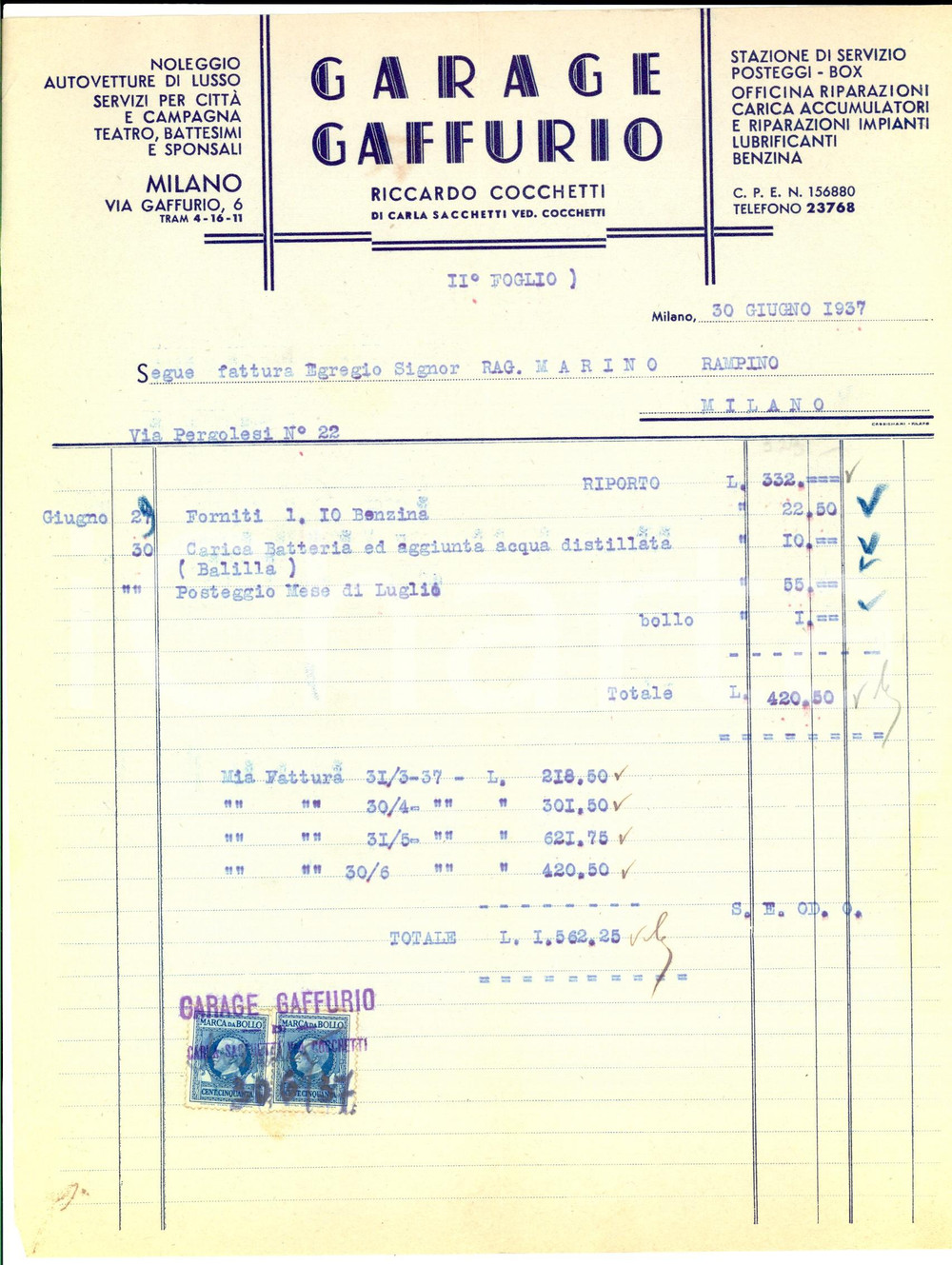 Documento originale, autentico 1937 MILANO Garage GAFFURIO di Riccardo COCCHETTI Noleggio auto Fattura 1