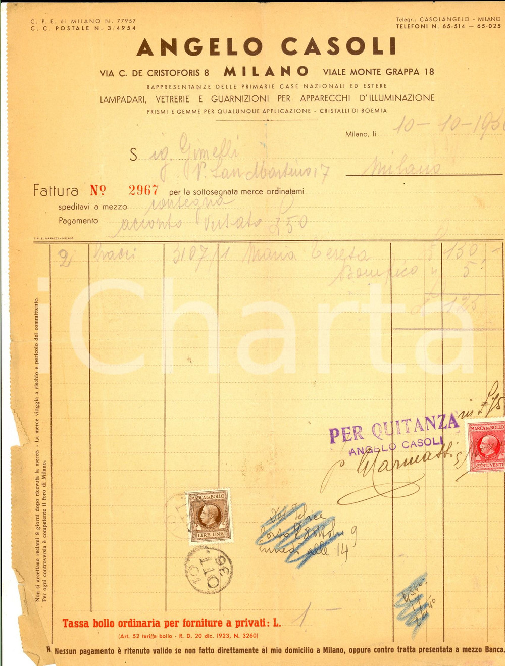 1936 MILANO Ditta Angelo CASOLI Lampadari e vetrerie *Fattura con bolli