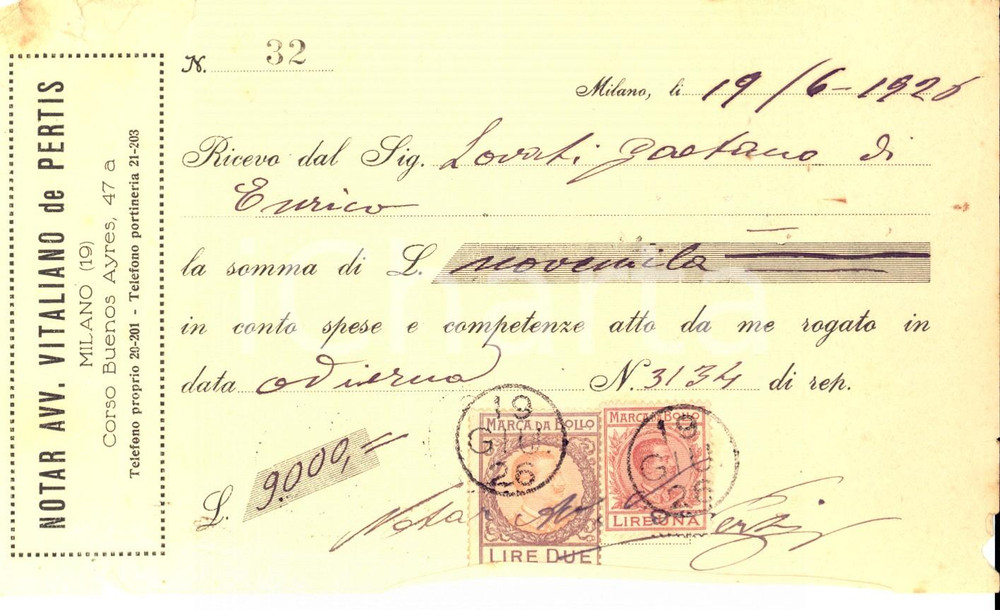 Documento originale, autentico 1926 MILANO Avv. notaio Vitaliano DE PERTIS  Ricevuta per atto rogato 1