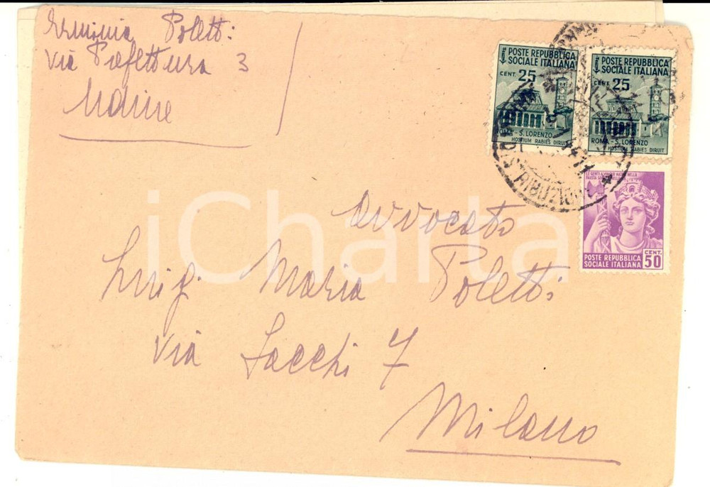 Manoscritto, lettera originale 1944 STORIA POSTALE RSI UDINE Lettera a Luigi Maria POLETTI Monumenti distrutti 1