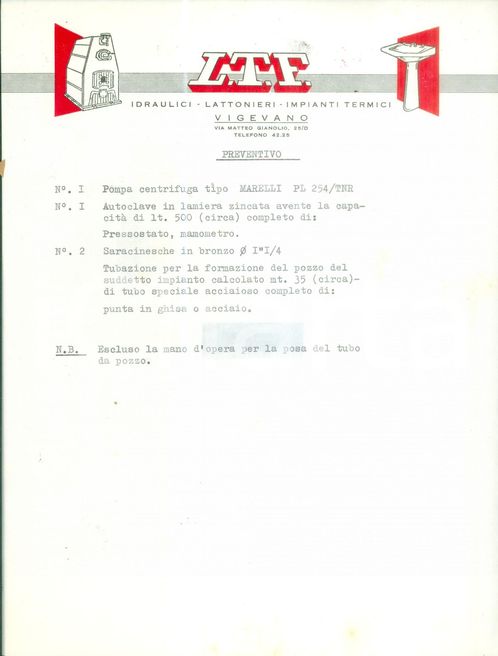 Documento originale, autentico 1960 ca VIGEVANO PV L.T.F. Idraulici Preventivo impianto MARELLI Fattura 1