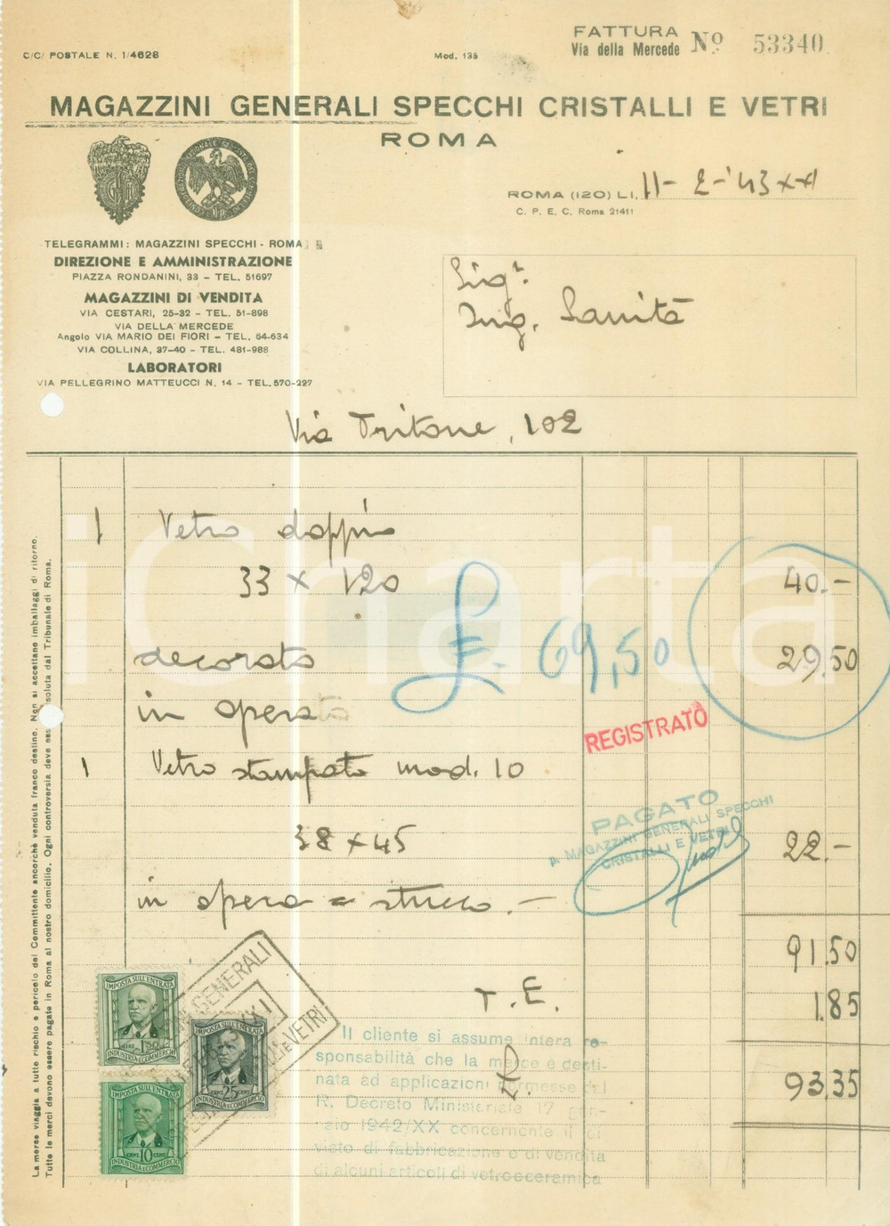 Documento originale, autentico 1943 ROMA Magazzini Generali Specchi Cristalli e Vetri Fattura 1