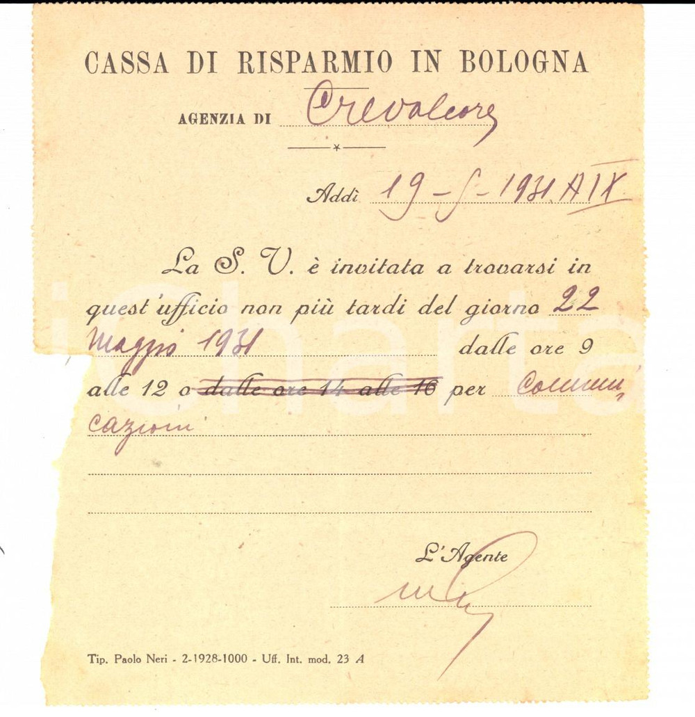 Documento originale, autentico 1931 CREVALCORE Cassa di Risparmio in Bologna  Biglietto postale convocazione 1