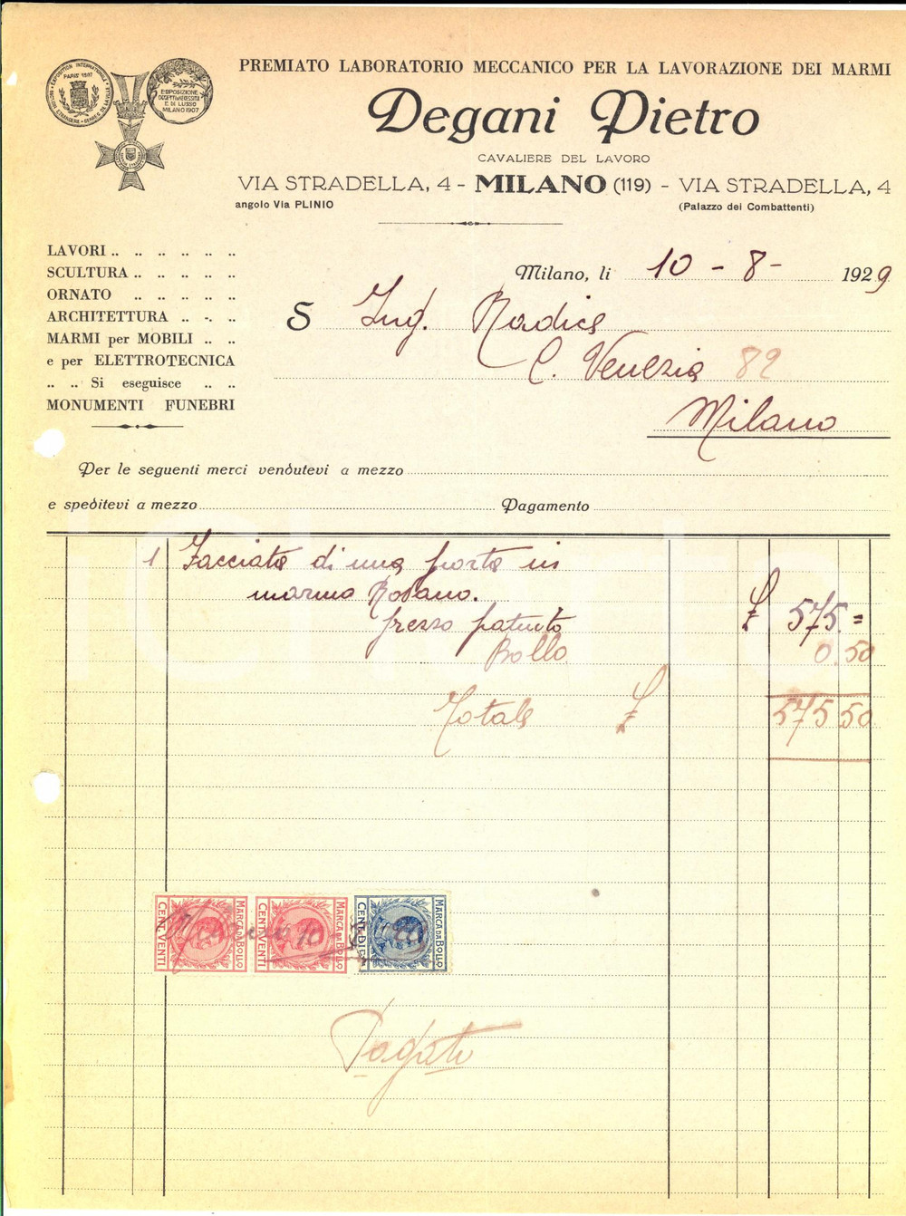 Documento originale, autentico 1929 MILANO Via Stradella 4 Laboratorio Pietro DEGANI lavorazione marmi Fattura 1