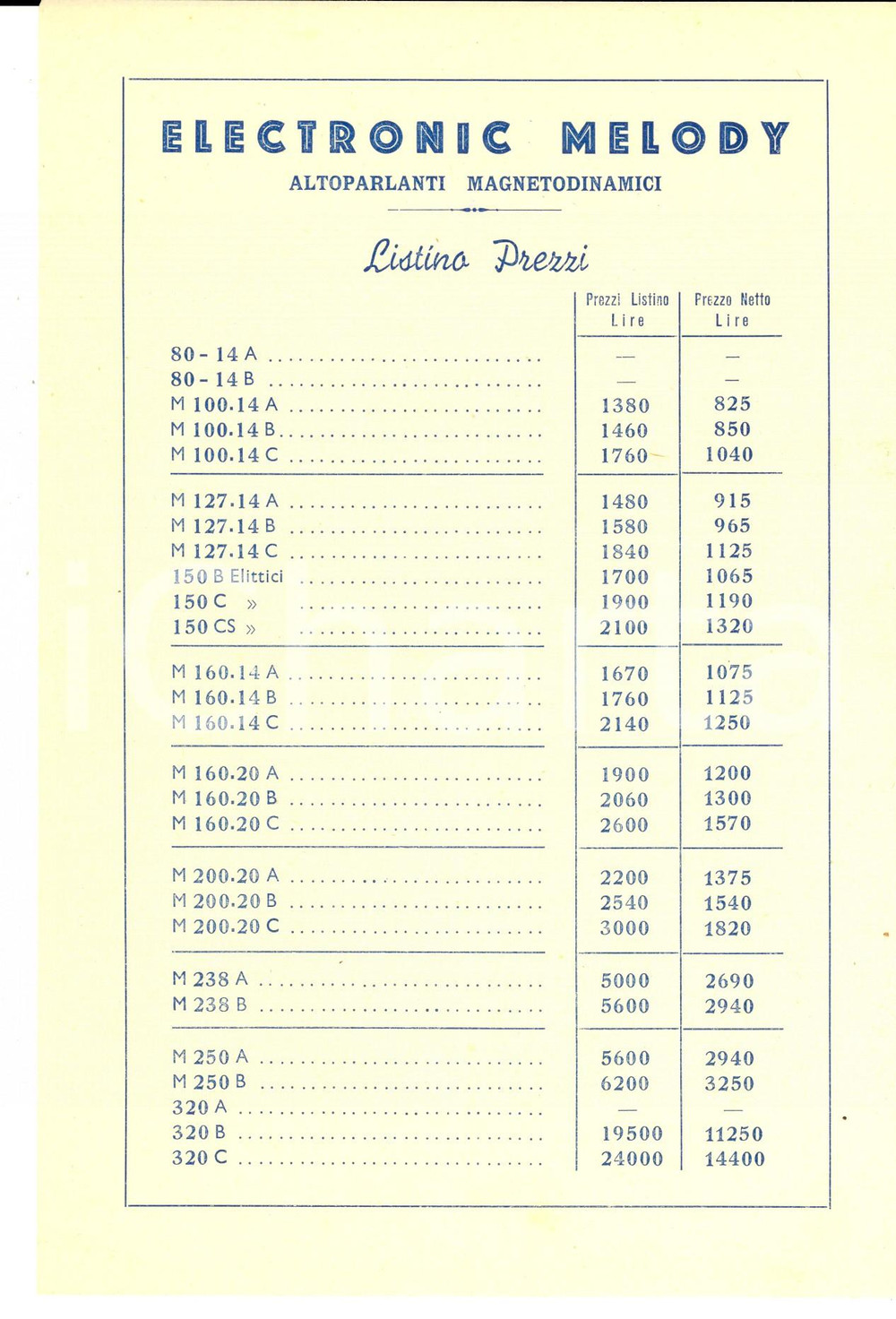 Materiale pubblicitario d’epoca 1955 ca ELECTRONIC MELODY Altoparlanti magnetodinamici Listino prezzi 1