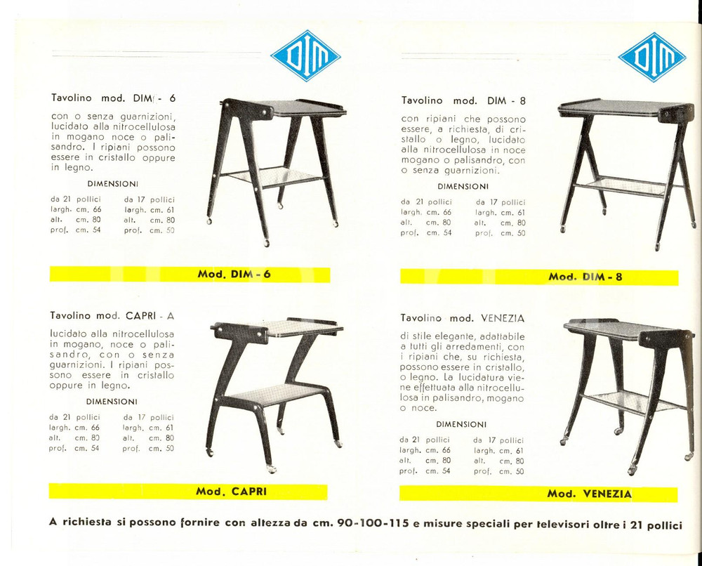 Materiale pubblicitario d’epoca 1955 ca Tavolini di lusso DIM per televisione  radio  grammofonia Volantino 1