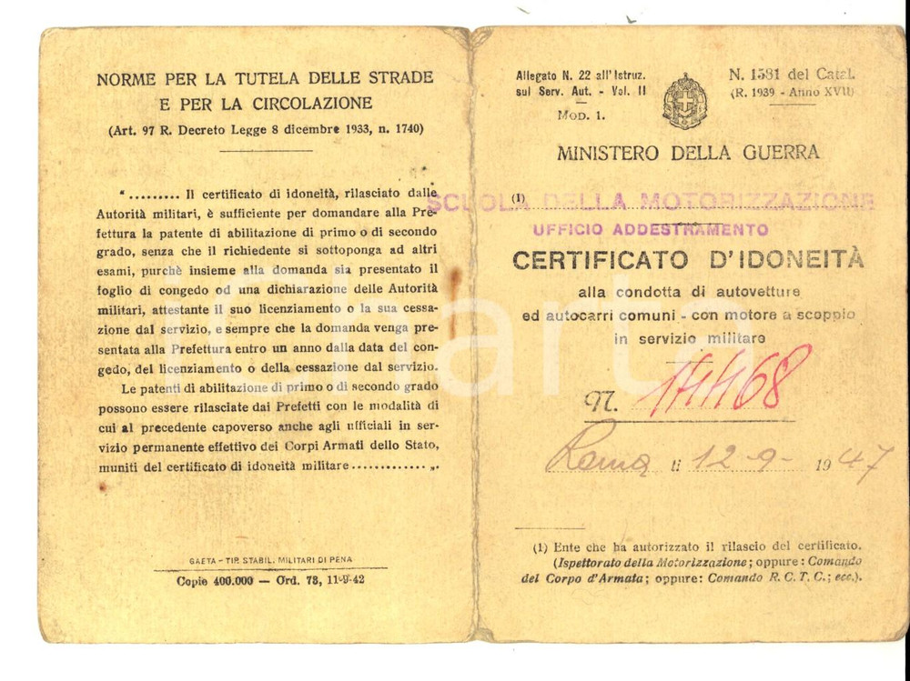 Oggetto da collezione cartaceo 1947 ROMA SCUOLA DELLA MOTORIZZAZIONE Certificato idoneitÃ  guida autocarro 1