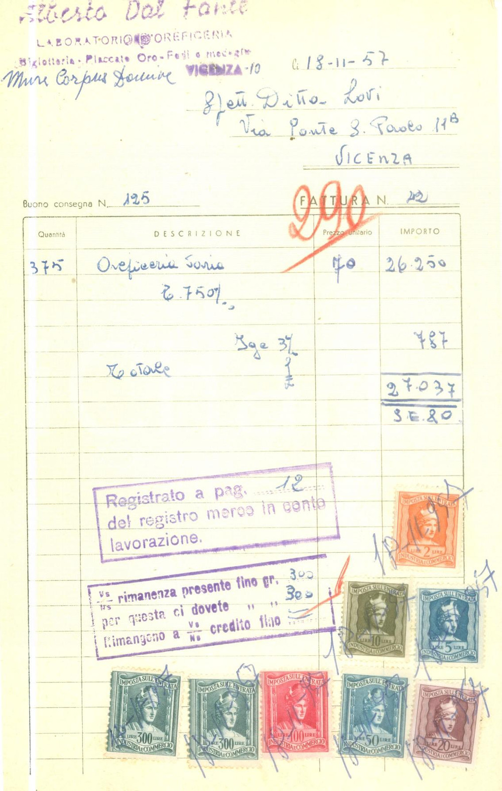 Documento originale, autentico 1957 VICENZA Alberto DAL FANTE Laboratorio d oreficeria Fattura commerciale 1