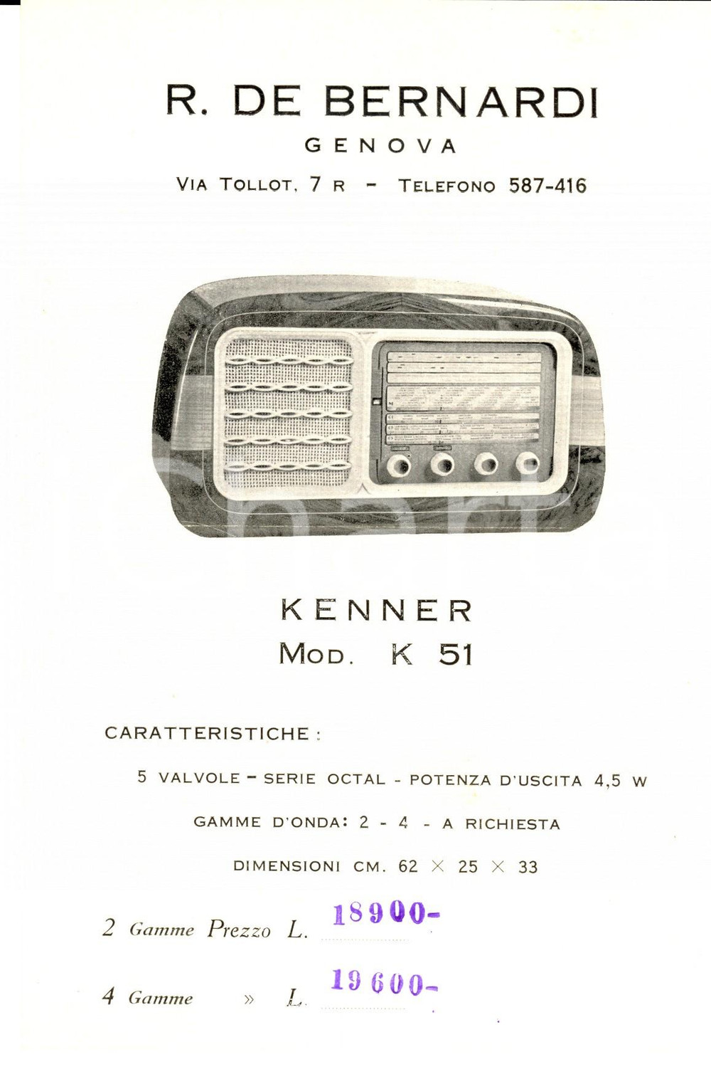 Materiale pubblicitario d’epoca 1960 ca GENOVA Ditta R. DE BERNARDI  Radio mod. KENNER K 51 Volantino 1