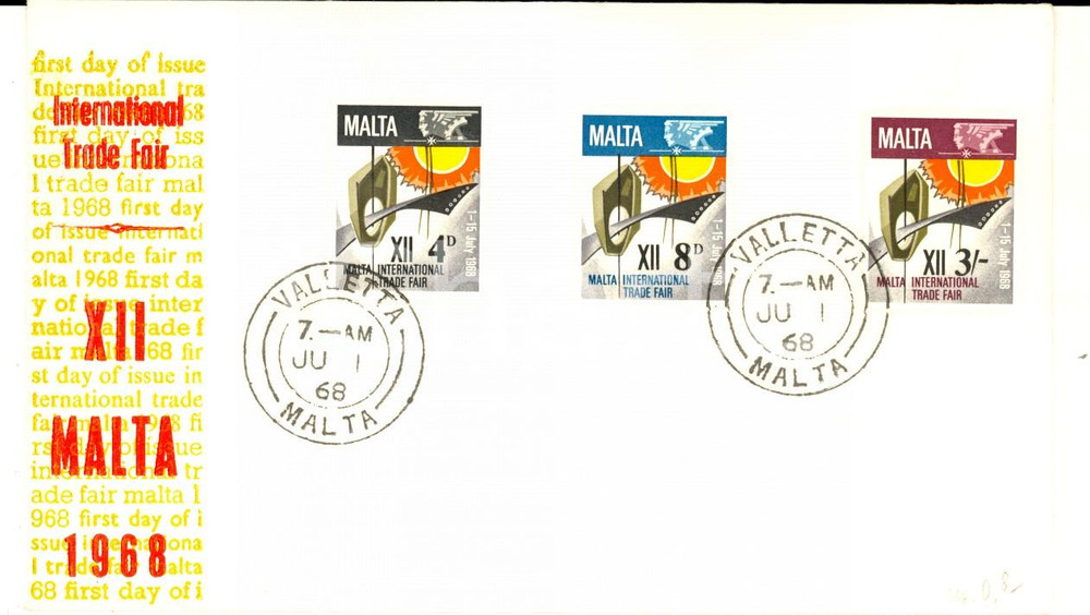 Materiale pubblicitario d’epoca 1968 MALTA 12th International Trade Fair Envelope stamps First day of issue 1