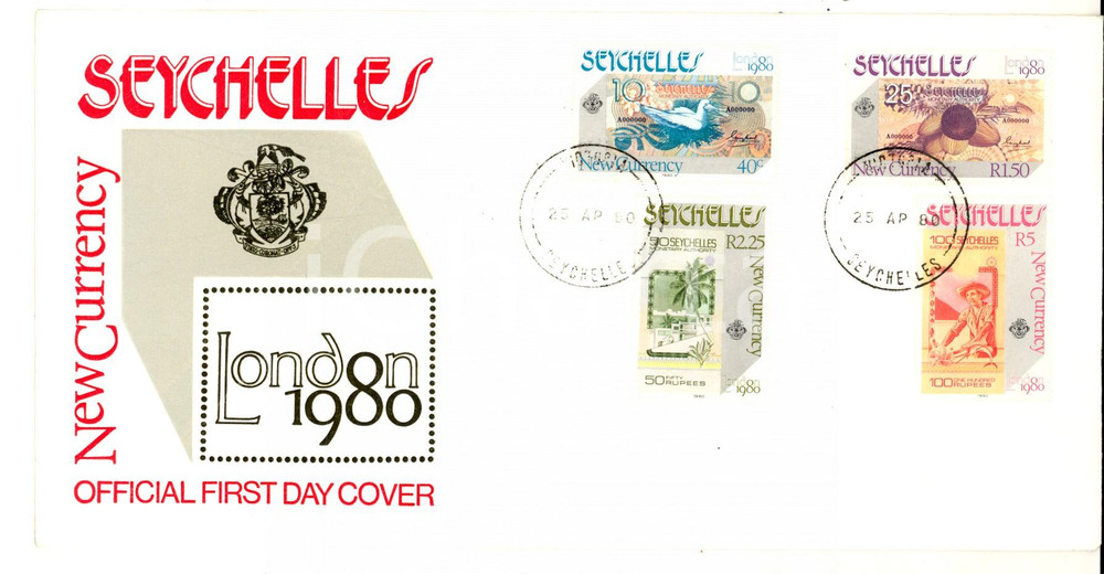 Materiale pubblicitario d’epoca 1980 SEYCHELLES New currency Envelope 4 stamps First day of issue 1