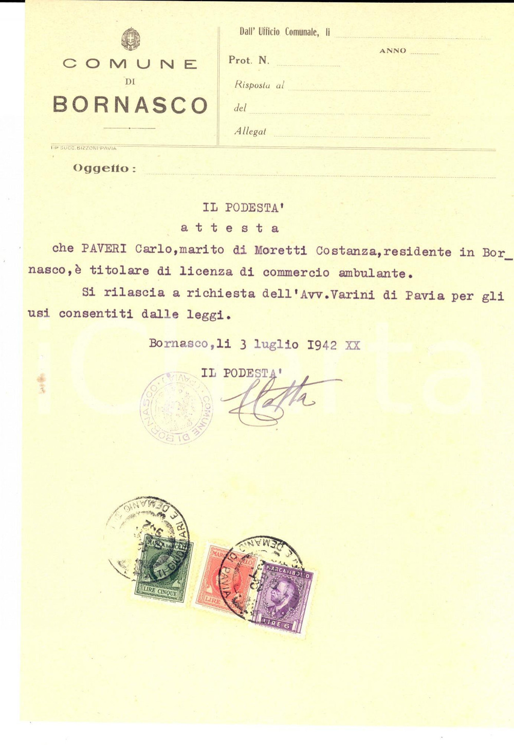 Documento originale, autentico 1942 BORNASCO PV Attestato a Carlo PAVERI per licenza commercio ambulante 1