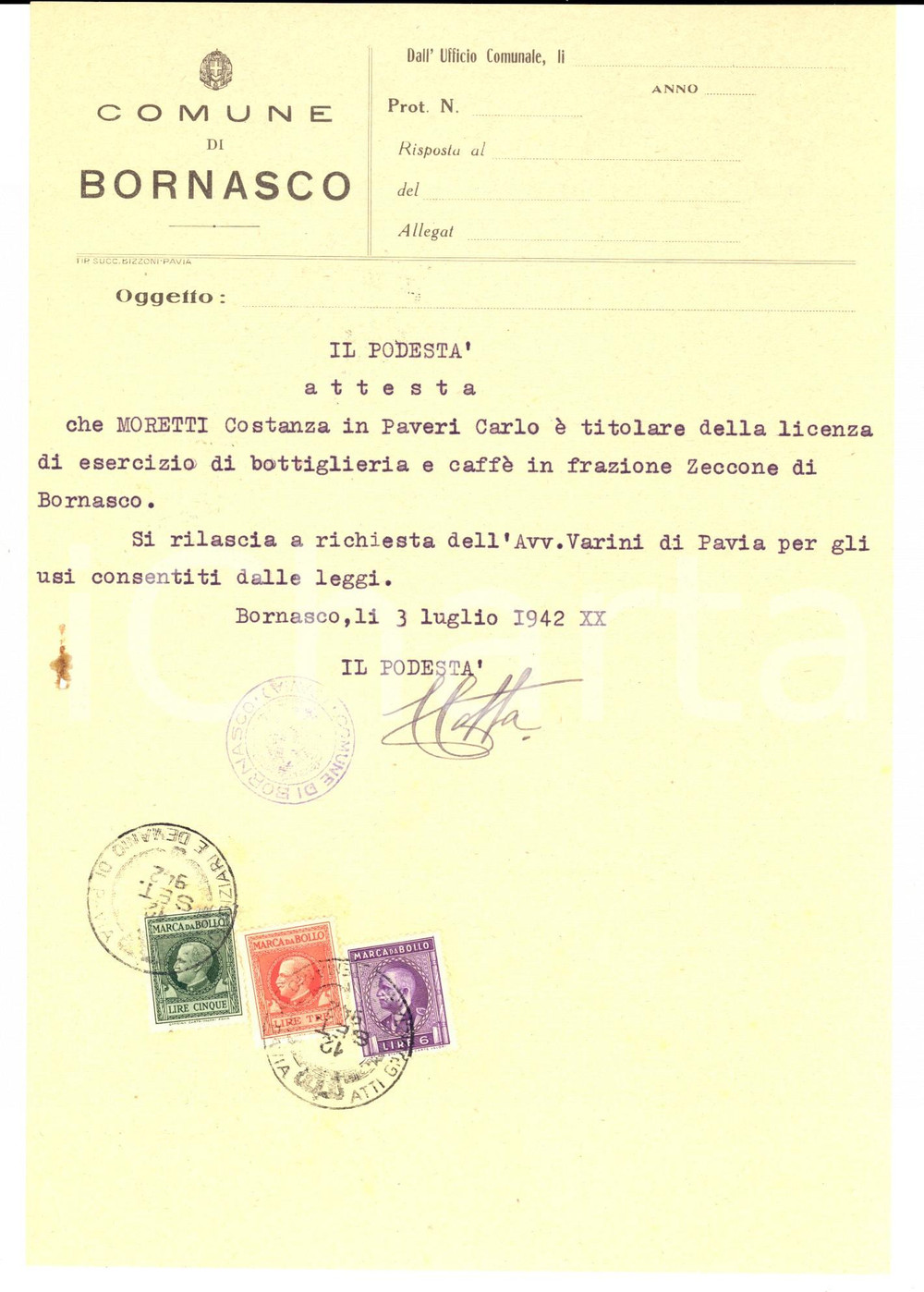 Documento originale, autentico 1942 BORNASCO PV Attestato a Costanza MORETTI PAVERI per licenza bottiglieria 1