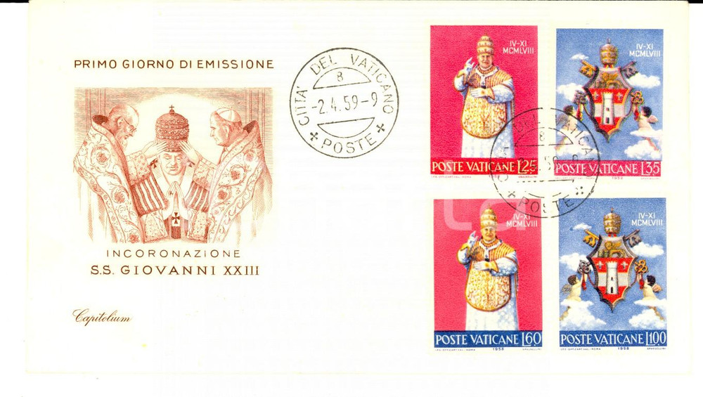 Materiale pubblicitario d’epoca 1959 STORIA POSTALE VATICANO Incoronazione Giovanni XXIII Busta primo giorno 1