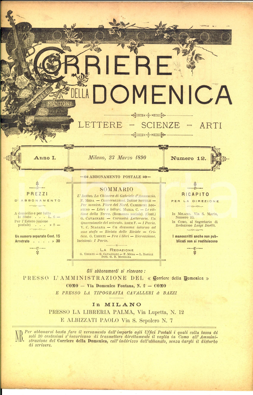 Giornale, rivista storica 1890 CORRIERE DELLA DOMENICA Isotteo e Chimera di D ANNUNZIO Anno I n° 12 1