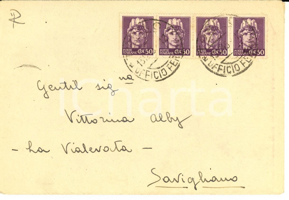 Cartolina originale da collezione 1945 STORIA POSTALE LUOGOTENENZA Busta striscia 4 Italia turrita senza fasci 1