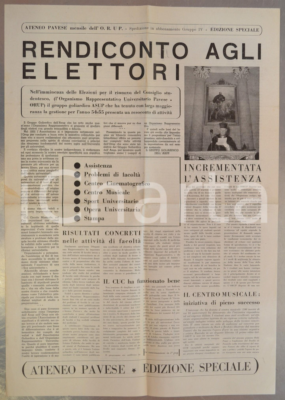 Giornale, rivista storica 1955 ATENEO PAVESE Rendiconto agli elettori Giornale  edizione speciale 1