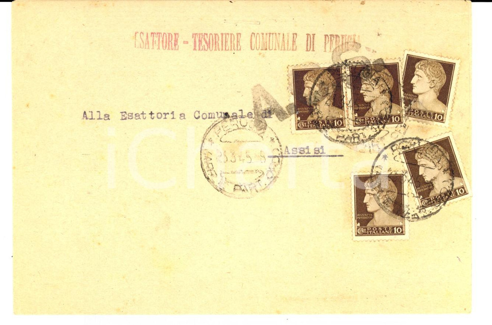 Cartolina originale da collezione 1945 STORIA POSTALE PERUEGIA Fascetta striscia 10 cent.  imperiale fasci 1