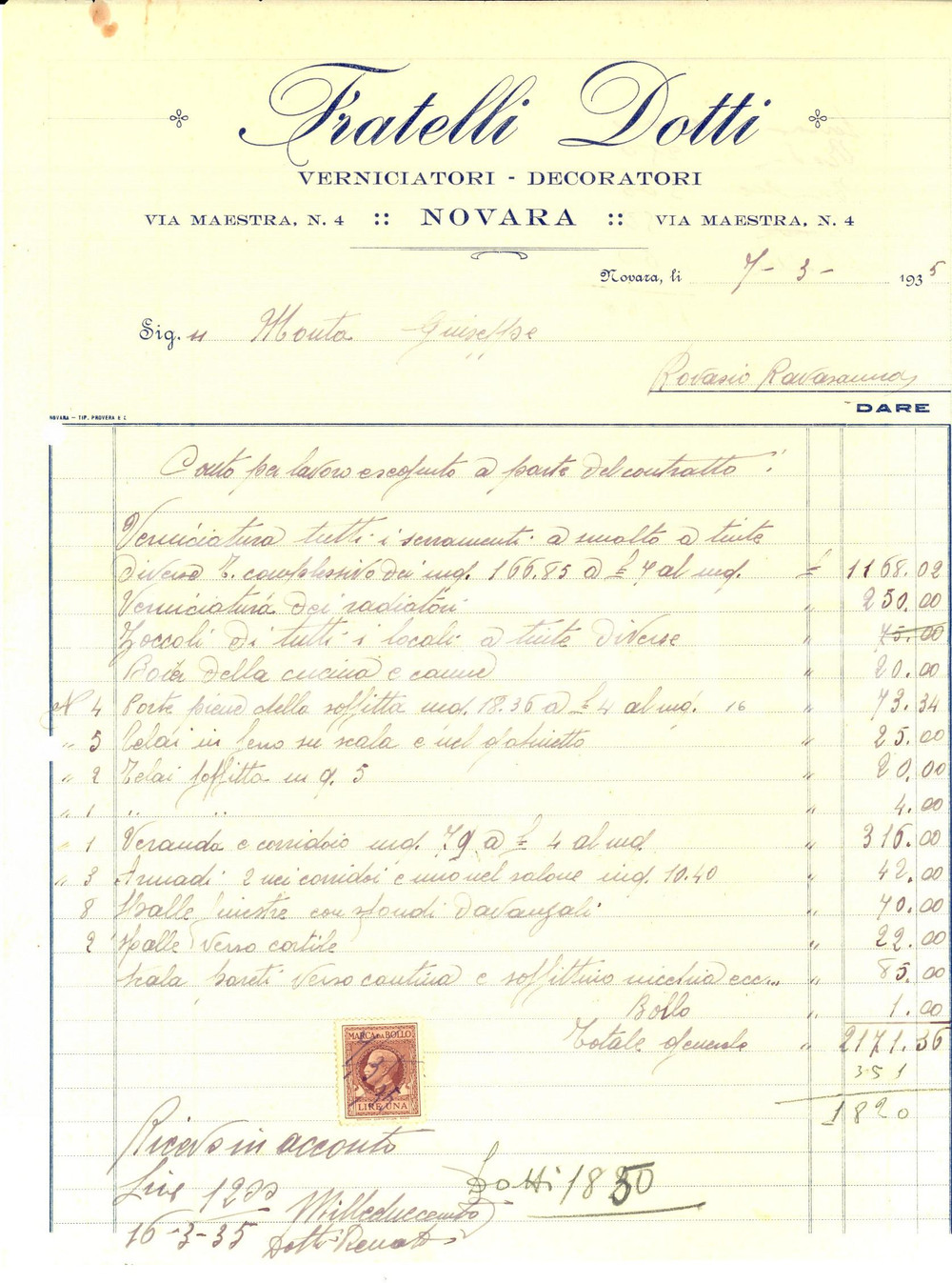 Materiale pubblicitario d’epoca 1935 NOVARA Ditta Fratelli DOTTI Verniciatori  Decoratori Fattura manoscritta 1